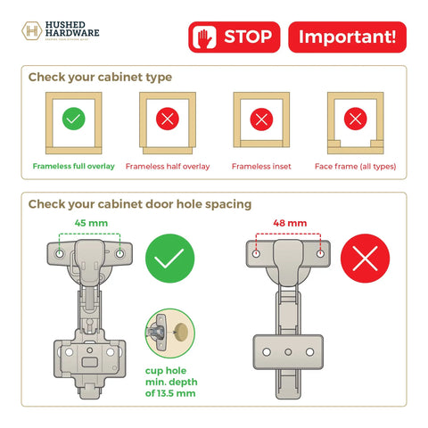 Diagram showing cabinet types and hole spacing for Premium Frameless Full Overlay Cabinet Hinges 10 Pack With Adjustable Closing Speed And Soft Close Self Closing Design For Quiet Easy Clip In Installation DIY Friendly.