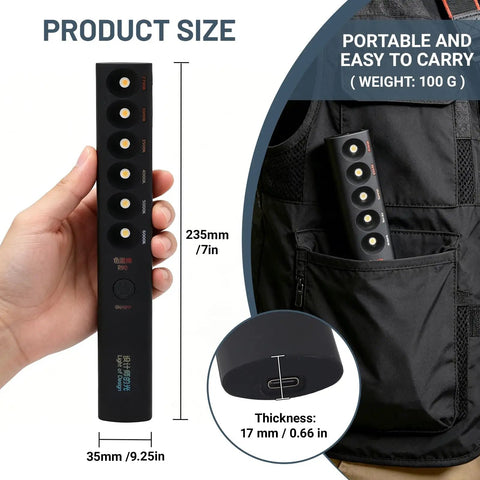 Hand holding Dope Rechargeable Color Temperature Light Wand For Photography And Video next to backpack