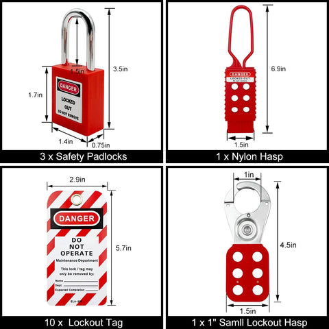 Lockout Tagout Kit For Electrical Safety With Group Hasps, Lockout Tags, 2 Keyed Different Padlocks, Pocket Nylon Bag And Durable Ties For OSHA Compliant No Nonsense Safety Lockout, Maintenance, And Power Shutdowns - safety padlocks, nylon hasp, lockout tags, small lockout hasp.
