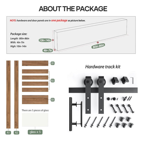 Hardware kit for 36 By 84 Inches Frosted Glass Sliding Barn Door With Five Panel Design, showing all components and measurements.