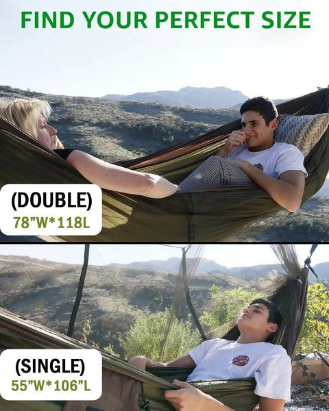 Portable Camping Hammock With Net For Single Or Double Use 2 Person Hammock Tent shown in double and single setups outdoors