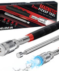 LED Telescoping Magnetic Pickup Tool Set For Hard To Reach Places displayed with packaging, featuring stainless steel build and LED light.