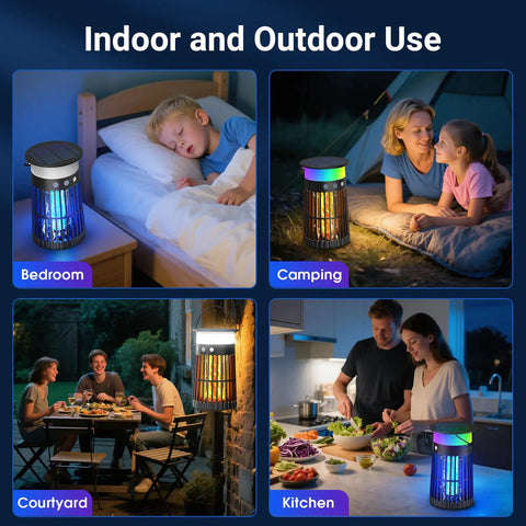 2 Pack Solar Bug Zapper Outdoor Portable Electric Mosquito Killer Waterproof Insect Trap with LED Night Light and Flame Effect