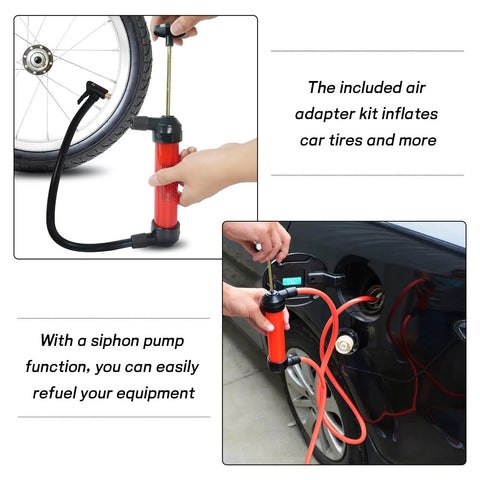 Multi Use Siphon Pump Kit For Gas, Oil And Automotive Fluids with hoses and air pump inflating tire and refueling car