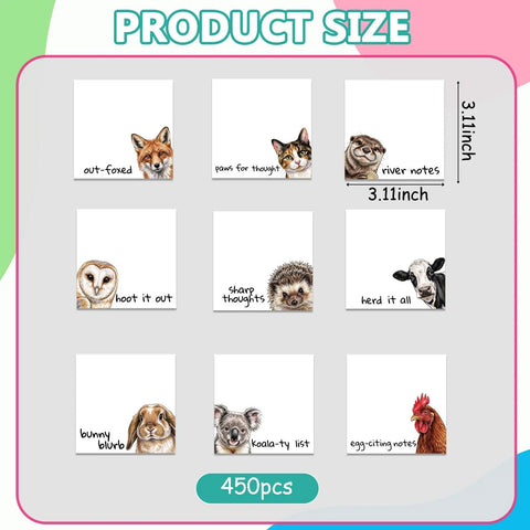 9 Pack Cute Sticky Note Pads With Funny Animal Puns Hand Drawn Style Notepads product size and designs overview