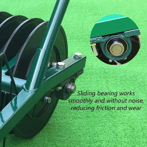 Close-up of Portable Golf Ball Retriever with 13 Channel Picker showing sliding bearing on steel frame for smooth operation.