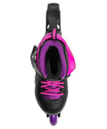 Top view of Junior Adjustable Inline Skate For Fitness With Breathable Molded Boot, Push Button Size Adjustment, and pink power strap.