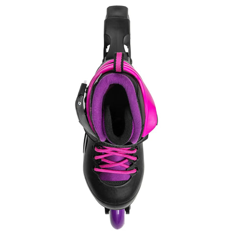 Top view of Junior Adjustable Inline Skate For Fitness With Breathable Molded Boot, Push Button Size Adjustment, and pink power strap.