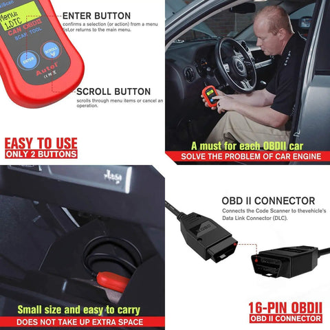 Person using MS300 OBD2 Scanner Code Reader for Cars and Trucks, Plug and Play CAN Diagnostic Tool inside a vehicle.