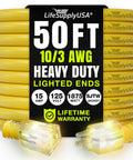 Beefy Ten Three Gauge Outdoor Indoor Extension Cord 3 Prong SJTW Waterproof Flexible Cold Resistant Long Power Cord 15A 125V 1875W Yellow coiled 50ft