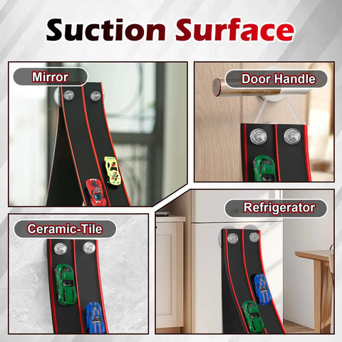 Hot Wheels Compatible 15 Ft Flexible Race Track Starter Set With Sturdy Suction Cups on mirror, door handle, tile, and fridge