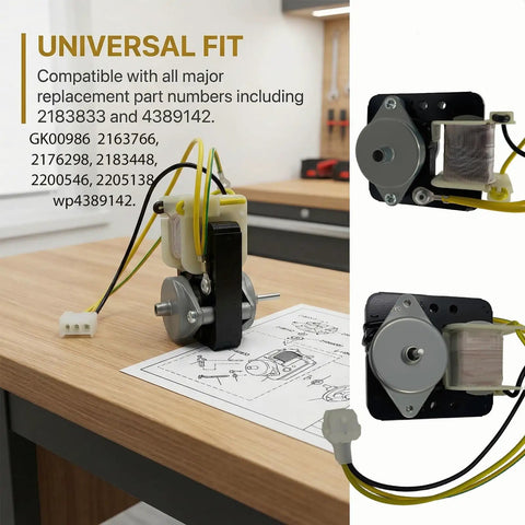 Evaporator Fan Motor Replacement Kit For Compatible Refrigerator Models 2183833 2163766 2176298 2183448 2200546 shown on table.