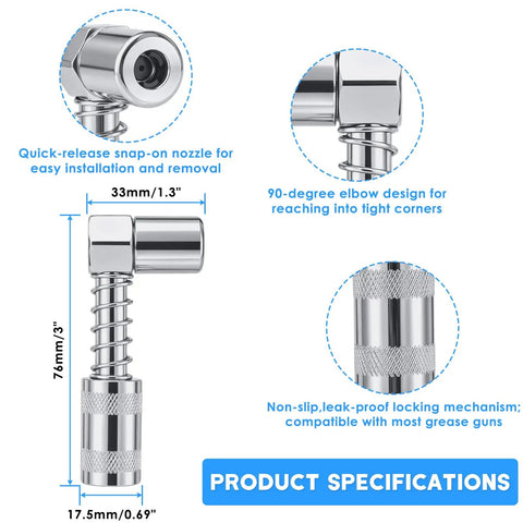 Close-up of 90-degree coupler from 8 Piece Grease Gun Fittings Kit With 90 Degree Coupler And Sleeves, showing dimensions and features.