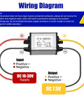 Wiring diagram for Premium DC-DC Buck Converter Step-Down Voltage Regulator showing input and output connections for 7.5V.