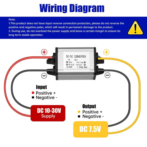 Wiring diagram for Premium DC-DC Buck Converter Step-Down Voltage Regulator showing input and output connections for 7.5V.