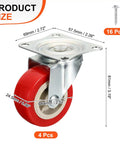Four Pack Of 2.5 Inch Red Pvc Swivel Caster Wheels With Silent 360 Ball Bearings For Heavy Duty Furniture Carts And Utility Dollies Rolls Out Smooth And Zero Drag On Tile Or Hardwood Floors. Dimensions showing wheel and plate.