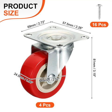 Four Pack Of 2.5 Inch Red Pvc Swivel Caster Wheels With Silent 360 Ball Bearings For Heavy Duty Furniture Carts And Utility Dollies Rolls Out Smooth And Zero Drag On Tile Or Hardwood Floors. Dimensions showing wheel and plate.