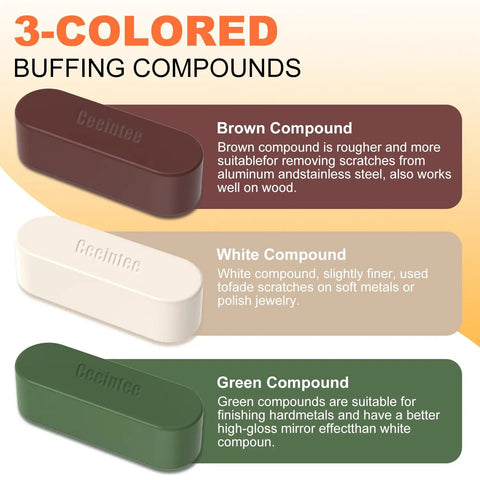 Three colored buffing compounds for Eight Pack 6 Inch Polishing Wheel Set for Bench Grinder