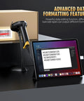 2D Barcode Scanner With Smart Stand USB Wired Handheld Imager For QR Data Matrix PDF417 OCR Global Shutter Technology Omnidirectional Fast Scan In Stand Presentation Mode For Windows Mac Linux PC POS Stand Included scanning barcode and displaying data on a tablet screen