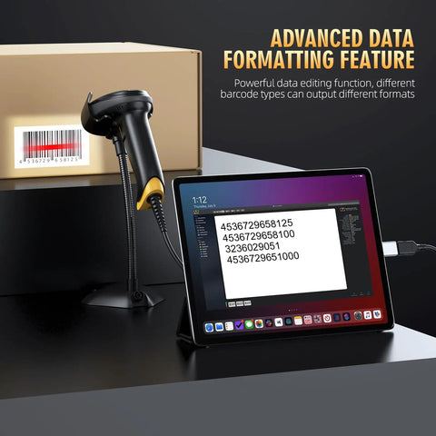 2D Barcode Scanner With Smart Stand USB Wired Handheld Imager For QR Data Matrix PDF417 OCR Global Shutter Technology Omnidirectional Fast Scan In Stand Presentation Mode For Windows Mac Linux PC POS Stand Included scanning barcode and displaying data on a tablet screen