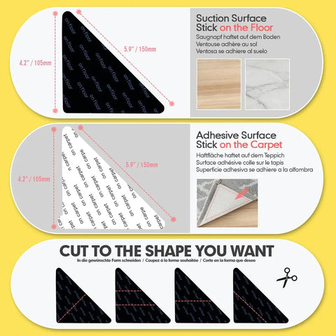 Diagram of Four Pack Non Slip Rug Tape For Hardwood Floors And Tiles, Heavy Duty, with cutting instructions and adhesive details.