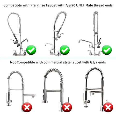 44 Inch Flexible Stainless Steel Pre Rinse Hose Replacement Kit For Commercial Kitchen Sink Faucets compatibility illustration