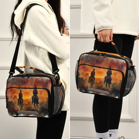North American Desert Cowboy Insulated Lunch Bag With Buckle Handle And Detachable Adjustable Shoulder Strap Large Capacity