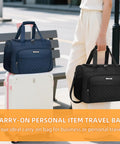 Underseat Duffle Bag For Women Ultra Lightweight Foldable Carry On Luggage Ideal Weekender Or Overnight Tote Personal Item For Air Travel Fits Under Seat 16 Inch Black shown on top of a suitcase beside a woman in white pants.