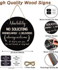 10 Inch Wooden No Soliciting Sign For Front Door With Doorbell Sticker Set, Funny Welcome Sign displayed with features and dimensions.
