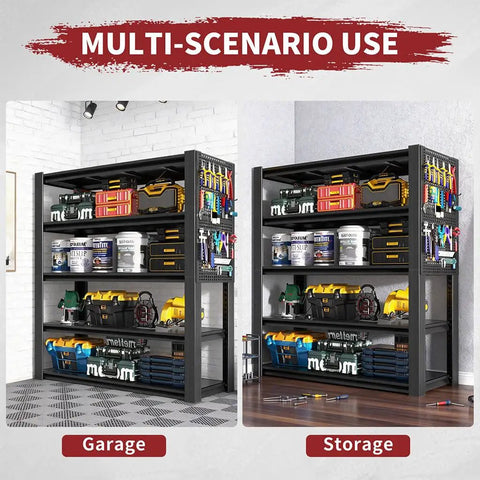 Beast Mode Heavy Duty 5 Tier Garage Shelving, 2000 Lbs Rock Solid Metal Storage Rack With Two Pegboards, Adjustable Utility Shelves For Shop And Warehouse, Black Frame displaying organized tools in a garage and storage setting.