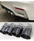 Four Piece Stainless Steel Exhaust Tips With Black Coating For BMW M2 M3 M4 Models F87 F80 F82 F83 Direct Fit Upgrade on car and close-up
