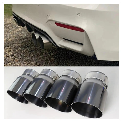 Four Piece Stainless Steel Exhaust Tips With Black Coating For BMW M2 M3 M4 Models F87 F80 F82 F83 Direct Fit Upgrade on car and close-up