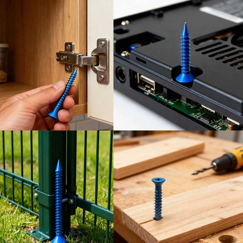Blue Concrete Screws Kit With Drill Bit And Driver, 20 Pack Masonry Fasteners For Brick Block And Cement, shown in various uses.