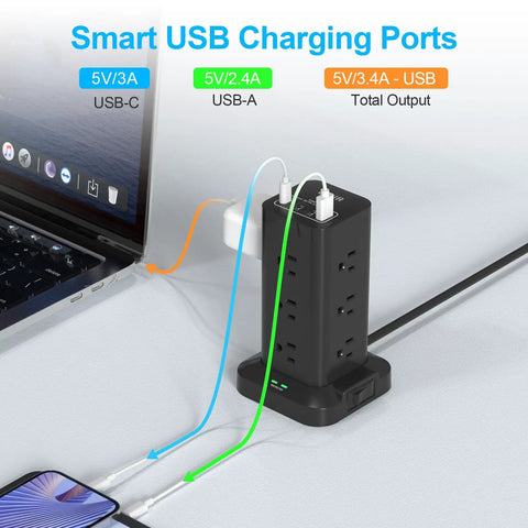 Beefy Power Strip Tower With USB Ports And Surge Protector 12 Outlets And 4 USB Ports Including USB C 10 Ft Extension Cord