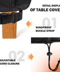 Heavy Duty Rectangular Outdoor Table Cover Waterproof UV Shield Windproof 60 Inch Long 38 Inch Wide Patio Table Protector features windproof buckle strap and adjustable cord closure.