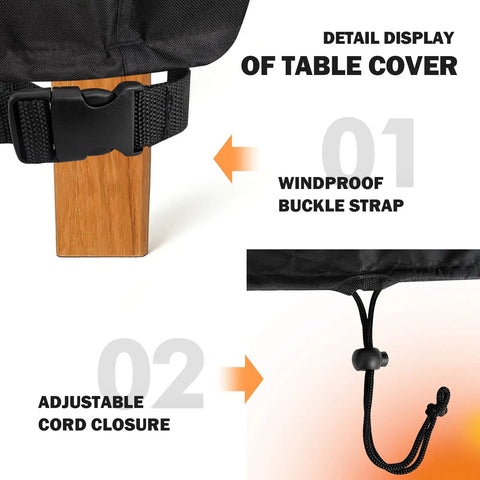 Heavy Duty Rectangular Outdoor Table Cover Waterproof UV Shield Windproof 60 Inch Long 38 Inch Wide Patio Table Protector features windproof buckle strap and adjustable cord closure.