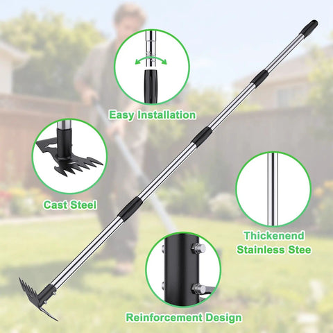 2 In 1 Weed Puller And Garden Hoe With Adjustable Long Handle, cast steel head, ergonomic grip, designed for deep root removal