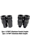 1/4-Inch Air Hose Fittings Kit With Quick Connects And 15-Piece Beefy Heavy-Duty Aluminum Air Coupler And Plug Set Lightweight Black Connector For Compressors And Pneumatic Tools, 2pcs 1/4 NPT couplers