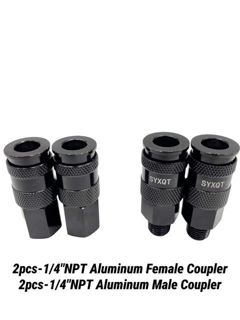 1/4-Inch Air Hose Fittings Kit With Quick Connects And 15-Piece Beefy Heavy-Duty Aluminum Air Coupler And Plug Set Lightweight Black Connector For Compressors And Pneumatic Tools, 2pcs 1/4 NPT couplers