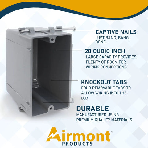 Grey Plastic Electrical Box 1-Gang New Work Junction Box With Captive Nails, 20 Cu In Capacity, durable PVC, features highlighted