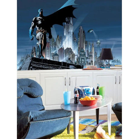 Batman Spray And Stick Removable Wall Mural 10.5 Feet By 6 Feet In Bold Black For A Quick Room Makeover No Mess Easy To Apply With Water Activated Adhesive depicted inside a colorful room.
