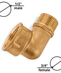 Forged brass pipe elbow, 1/2 in male x 3/4 in female, 90-degree street elbow