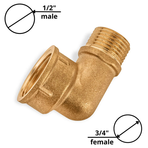 Forged brass pipe elbow, 1/2 in male x 3/4 in female, 90-degree street elbow