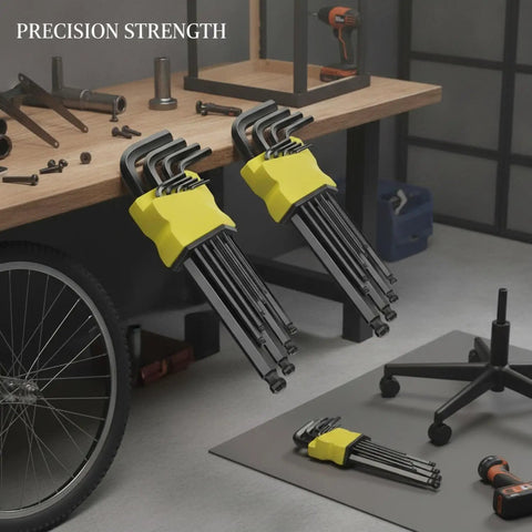 Rock Solid S2 Alloy Steel Hex Key Set With 9 Piece L Shaped Allen Wrenches For Tough Furniture Assembly Bike Repair And Appliance Fixes Without Stripping Screws To Lock Down Your Toolkit. 9-piece black oxide hex keys in holder