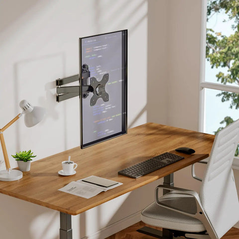 Full Motion Tv Wall Mount For 13 To 32 Inch Led Lcd Displays With Smooth Glide Swivel Tilt Retraction mounted on a desk.