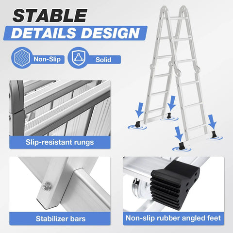 12.5 Foot Multi Purpose Folding Ladder For Home Roof RV And Painting, All In One 7 In 1 Aluminum Collapsible Extension Ladder With Large Joints, Adjustable Step Ladder, Lightweight And Rust Resistant, showing non-slip feet and stabilizer bars
