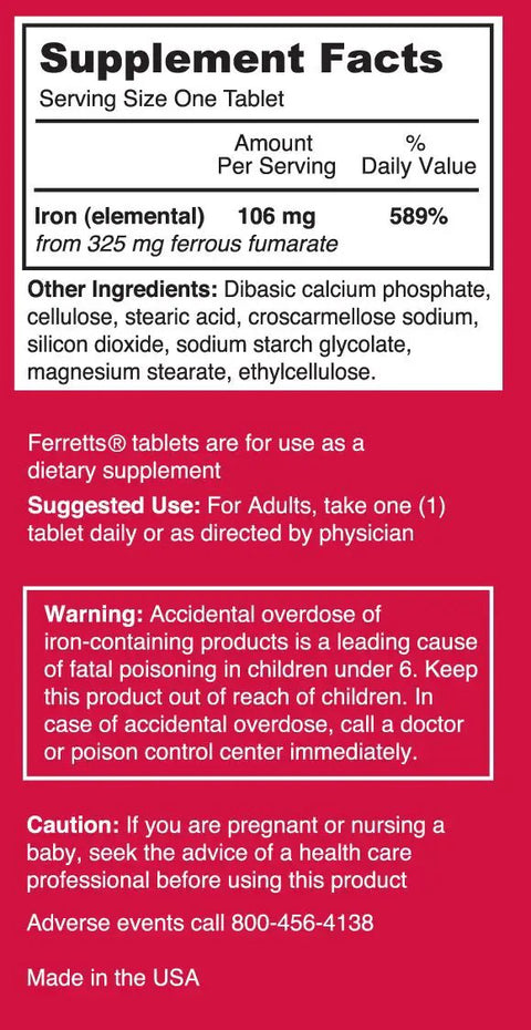 Supplement facts of Iron Boost High Potency 106Mg Elemental Iron From 325Mg Ferrous Fumarate, dosage and ingredients details.