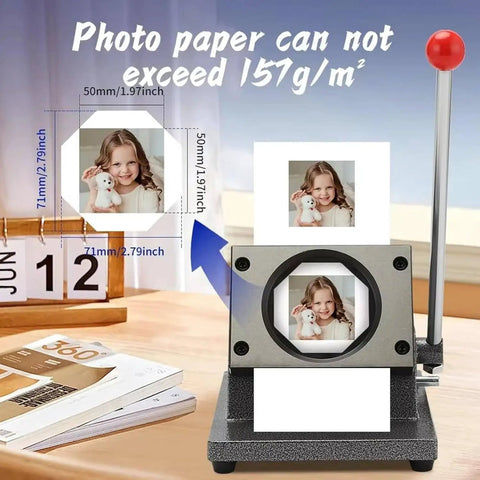 DIY Fridge Magnet Kit With Paper Cutter And 100 Supplies showing paper size limits and completed magnet sample.