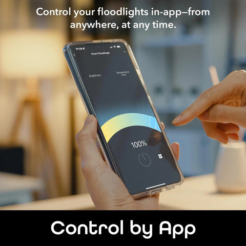 Person using app to control Smart Outdoor Floodlight Bulbs 2700K to 6500K Dimmable LED E26 PAR38 11W 1000 Lumens WiFi