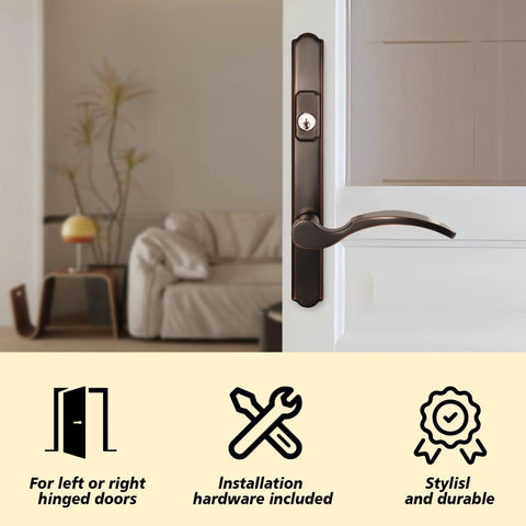 Top Tier Hinged Patio Door System With Slick Lever Handle Mortise Lock For Screen Storm Door Quick Fix Oil Rubbed Bronze close-up view